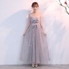 Elbow-sleeve Floral Applique Evening Gown Gray - One Size