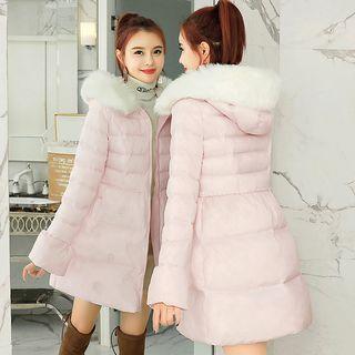 Furry-trim Floral Embroidered Zip Hooded Padded Coat