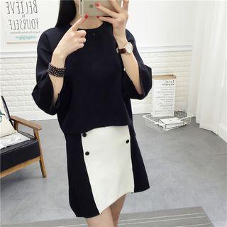 Set: Angora Wool Blend Knit Top + Buttoned A-line Skirt