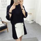 Set: Angora Wool Blend Knit Top + Buttoned A-line Skirt
