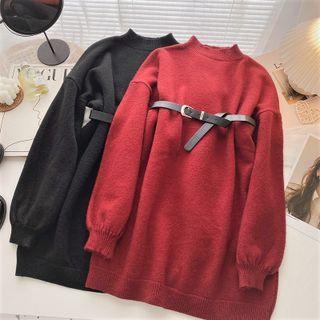 Long-sleeve Plain Sweater With Belt