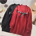 Long-sleeve Plain Sweater With Belt