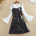 Crew-neck Long-sleeve T-shirt / Faux-leather Spaghetti Strap Dress / Set