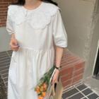Plain Embroidered Lapel Oversized Short Sleeve Dress White - One Size