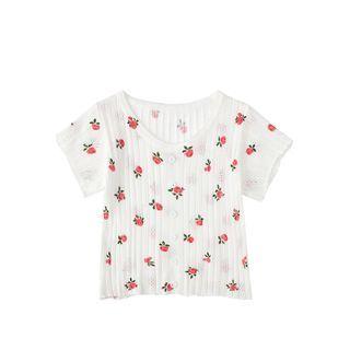 Flower Print Short-sleeve Pointelle Knit Top White - M