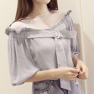 Buckled Off-shoulder Elbow-sleeve Blouse