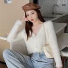 V-neck Plain Woolen Crop Cardigan Off-white - One Size