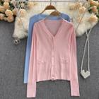 Long-sleeve V-neck Fray Trim Knit Top