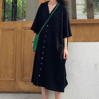 Elbow-sleeve V-neck Midi Shirtdress Black - One Size