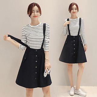 Set : Stripe Long-sleeve Top + Buttoned Suspender Skirt