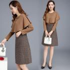 Set: Mock Two-piece Long-sleeve Top + High Waist A-line Skirt