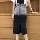 Two-tone Front-slit Denim Pencil Skirt