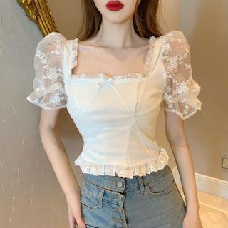 Lace Panel Puff-sleeve Cropped Blouse