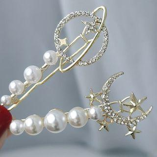 Planet / Moon & Star Rhinestone Faux Pearl Hair Clip