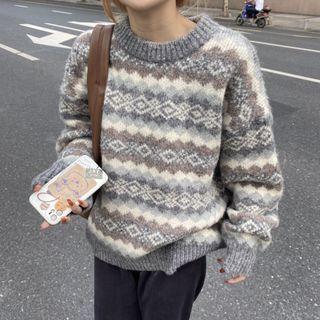 Crewneck Striped Sweater / Plain Straight-cut Pants