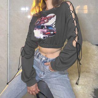 Drawstring Graphic Crop Sweatshirt