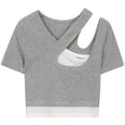 Mock Two-piece Short-sleeve Irregular Off-shoulder Cropped T-shirt