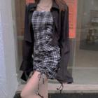 Plain Cargo Drawstring Jacket / Color-block Plaid Drawstring Mini Dress