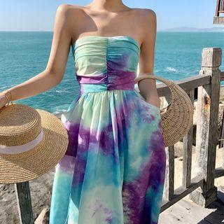 Strapless Tie-dye Print Maxi A-line Dress