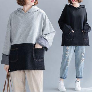 Denim Panel Long-sleeve Sweatshirt
