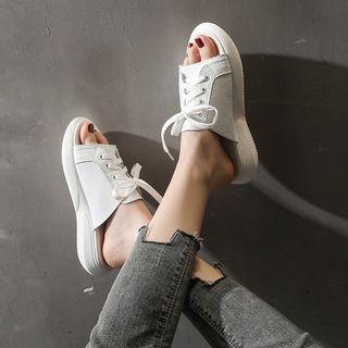 Faux Leather Platform Lace Up Slide Sandals