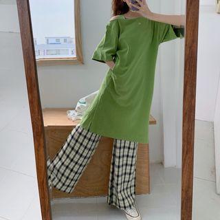 Cold Shoulder Elbow-sleeve T-shirt Dress / T-shirt / Plaid Wide-leg Pants