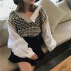 Check Knit Panel Mock Two-piece Blouse