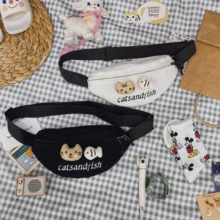 Letter Embroidered Cat & Fish Canvas Sling Bag