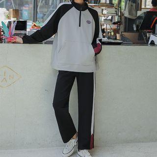 Set: Color Block Printed Zip Placket Sweatshirt + Wide-leg Sweatpants