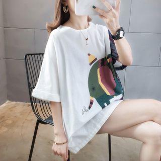 Elbow-sleeve Elephant Print Paneled T-shirt