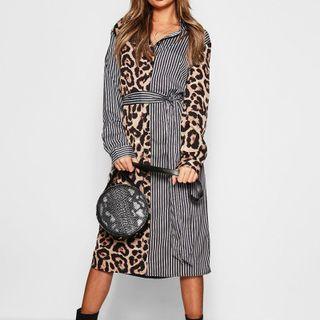 Striped Panel Long-sleeve Midi A-line Shirtdress
