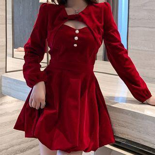Set: Strapless A-line Dress + Cropped Cape
