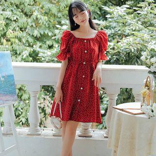 Polka Dot Puff-sleeve Chiffon A-line Dress