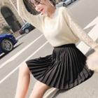 Set: Crew-neck Long-sleeve Knit Top + High Waist Pleated Skirt