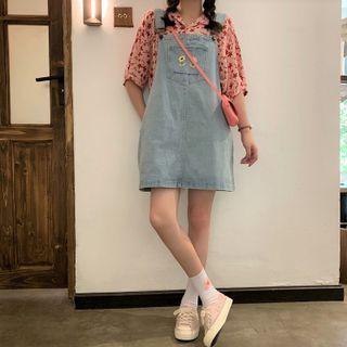 Floral Embroidered Denim Overall Dress