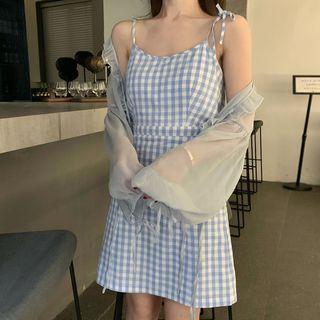 Plaid Spaghetti Strap A-line Dress / Open Front Light Jacket