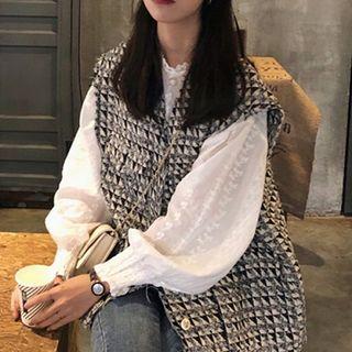 Plain Lace-trim Long-sleeve Blouse / V-neck Frayed Vest