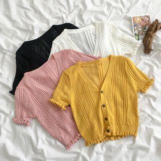 Short-sleeve Frill Trim Crochet Knit Top
