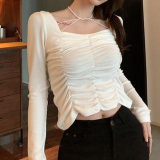 Long-sleeve Ruched Cropped Blouse