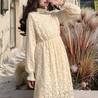 Long-sleeve A-line Midi Lace Dress Almond - One Size