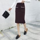 Straight Cut Rhinestone Midi Knit Skirt