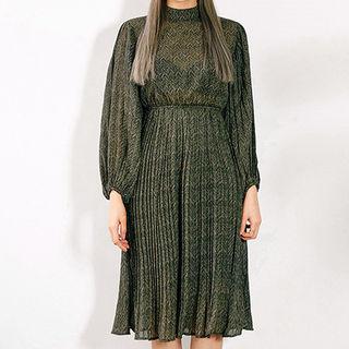 Balloon-sleeve Gathered-waist Herringbone Chiffon Dress