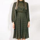 Balloon-sleeve Gathered-waist Herringbone Chiffon Dress