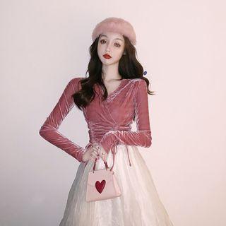 Drawstring Long-sleeve Corduroy Top / Midi A-line Skirt