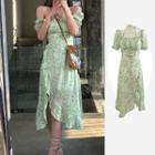 Short-sleeve Off-shoulder Floral Print Frill Trim Midi A-line Dress
