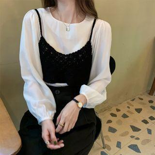 Puff-sleeve Blouse / Crochet Lace Camisole Top