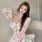 Puff-sleeve Floral Print Ruffled A-line Dress White & Pink - One Size