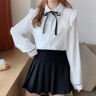 Long-sleeve Lace-up Ruffle Trim Blouse White - One Size