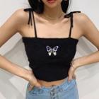 Spaghetti Strap Butterfly Embroidered Crop Top