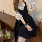 Puff-sleeve Floral Print Blouse / A-line Overall Dress